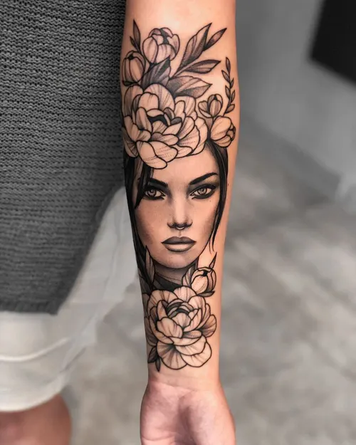 Frauengesicht mit Pfingstrosen am Unterarm – LAKIMII Berlin Tattoostudio