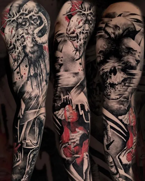 Trash-Polka-Sleeve mit Totenkopf – LAKIMII Berlin Tattoostudio