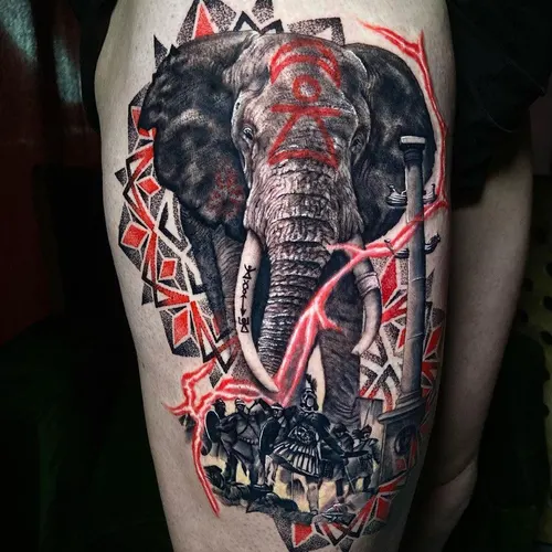 Elefant im Trash-Polka-Stil auf Oberschenkel – LAKIMII Berlin Tattoostudio