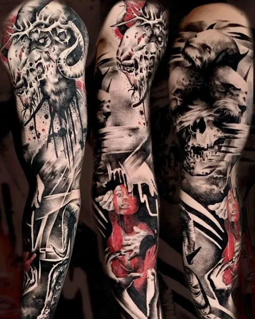 Trash-Polka-Sleeves mit Totenkoepfen, drei Ansichten – LAKIMII Berlin Tattoostudio