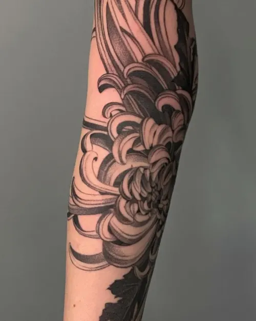 Chrysantheme japanisch auf Unterarm – LAKIMII Berlin Tattoostudio