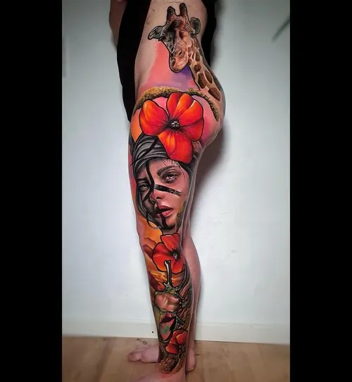 Neo-Traditional Leg-Sleeve mit Giraffe und Frau – LAKIMII Berlin Tattoostudio