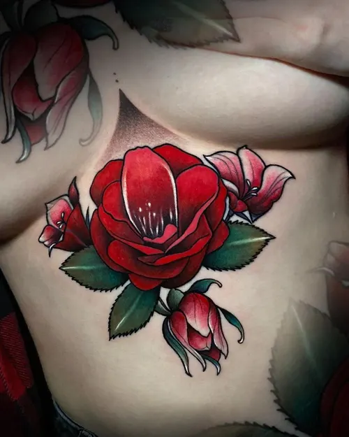 Rote Rosen neotraditionell unter der Brust – LAKIMII Berlin Tattoostudio