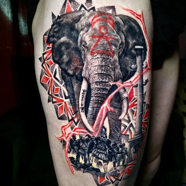 Graphic Tattoo Berlin: realistischer Tierkopf mit roten grafischen Elementen und Farbspritzern im Trash-Polka-Stil, LAKIMII Studio Berlin